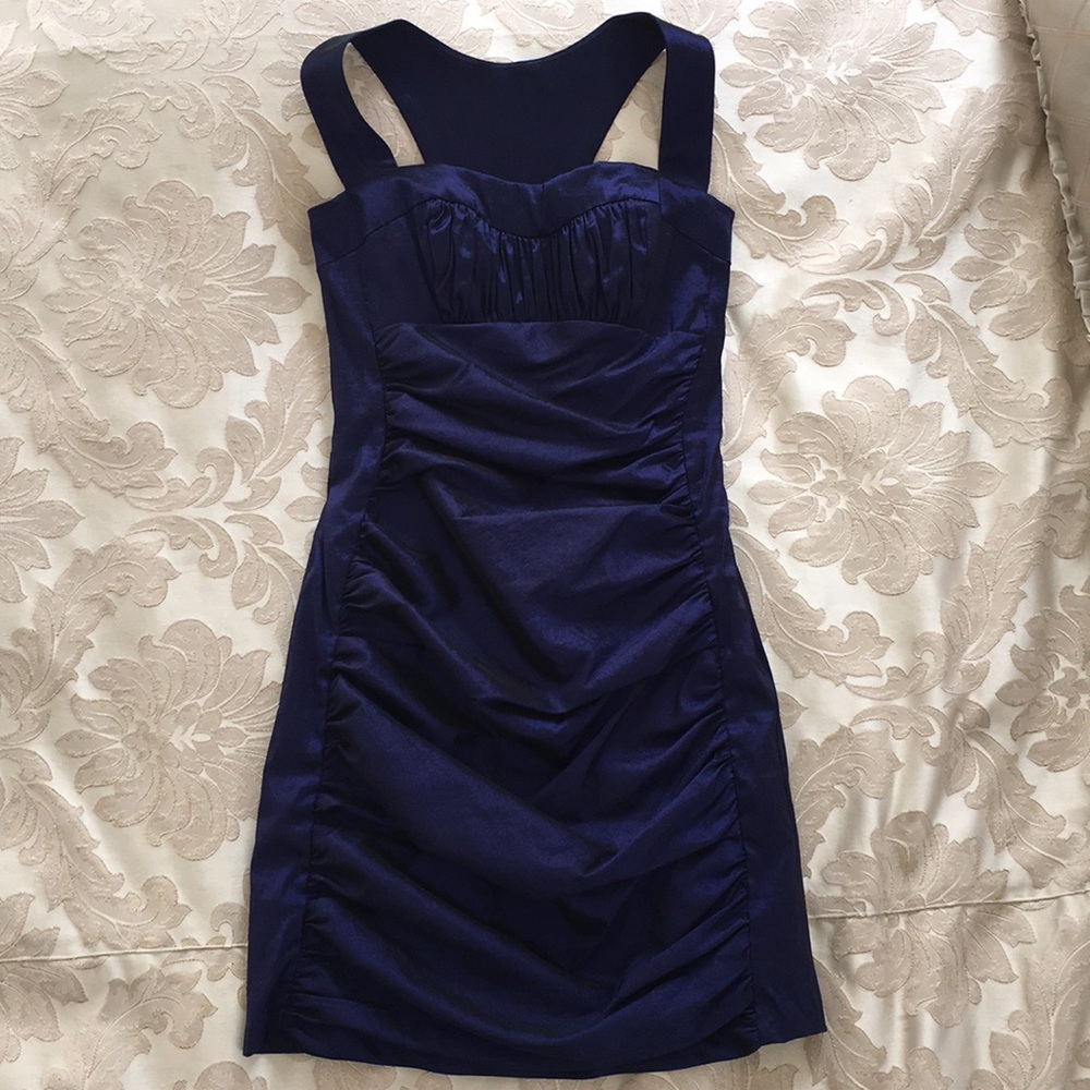 Cache navy, open back cocktail dress